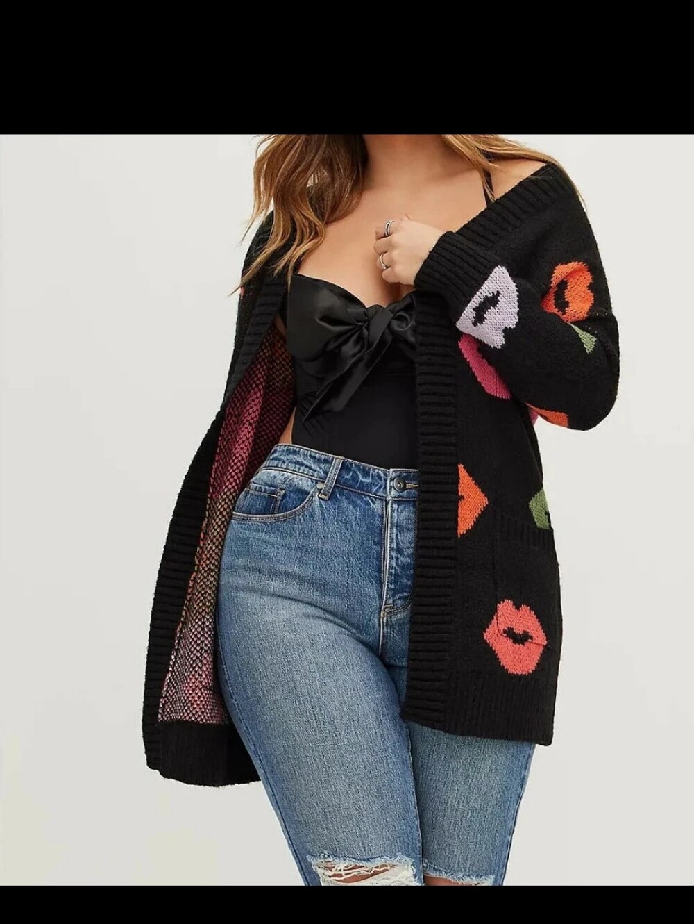 Torrid 1x Torrid Dropped Shoulder Open Cardigan Colorful Lips Print